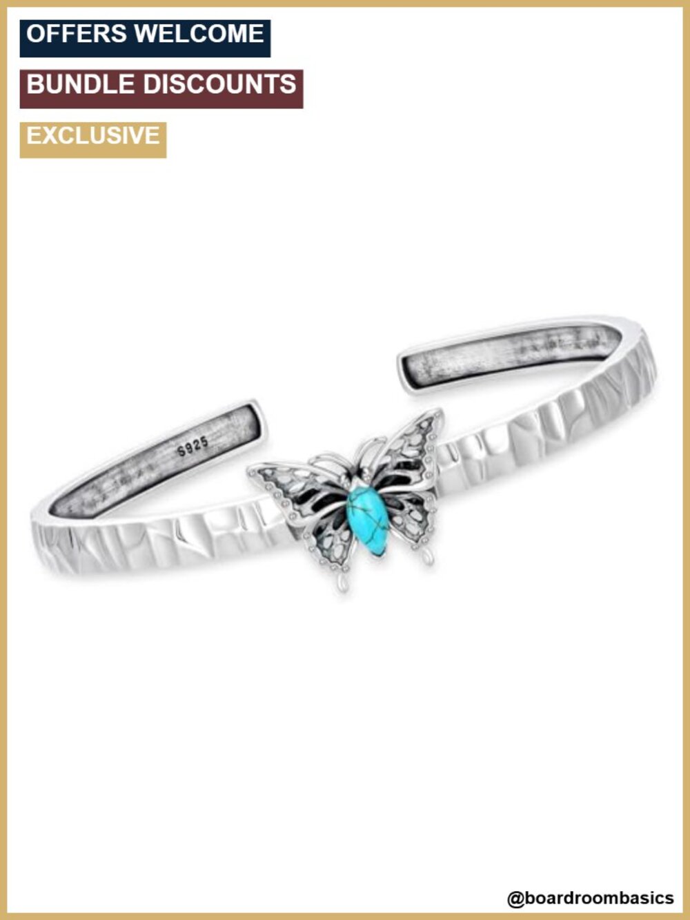 Sterling Silver Turquoise Butterfly Cuff Bracelet Adjustable Boho Bangle